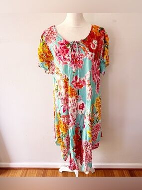 Pretty Pink Women Bright Floral Asymmetrical A Line Dress 1X Beach Comfy Flowy